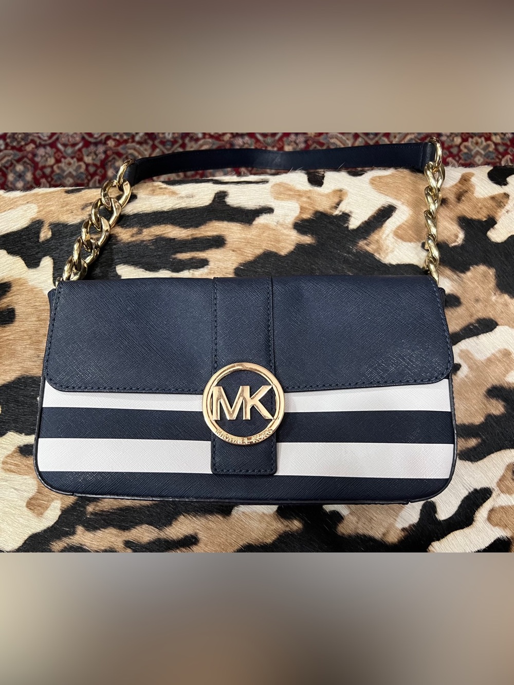 Michael Kors Navy and White Striped "Fulton" Shoulder Bag with Gold MK Accent